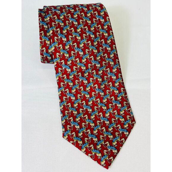 NWT Brooks Brothers Greyhound Red 100% Silk Tie Blue Gray Dog NEW - Picture 1 of 5